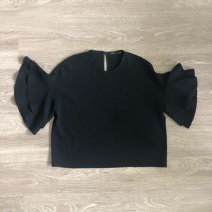 Zara Short Double Frill Sleeve Keyhole Top
